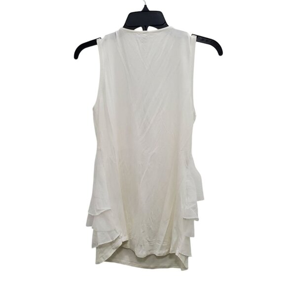 WHITE by Lauren Vidal Women's Zip Neck Mesh Layered Ruffle Sleeveless Tank Top M - Picture 8 of 8